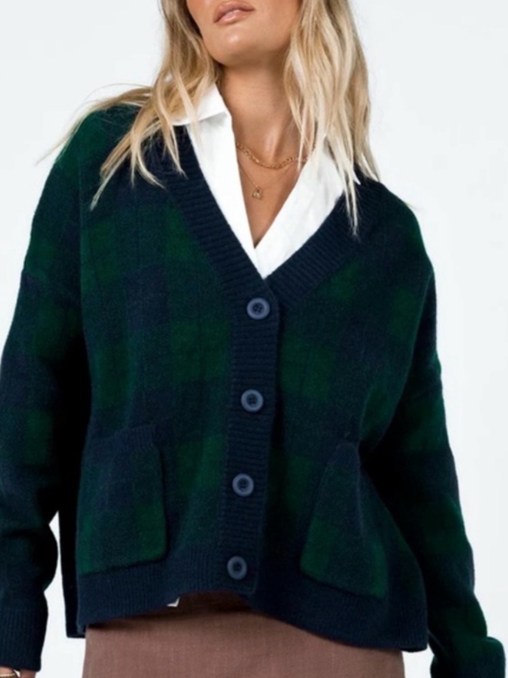 Princess Polly Navy and Green Plaid V‑Neck Button Cardigan